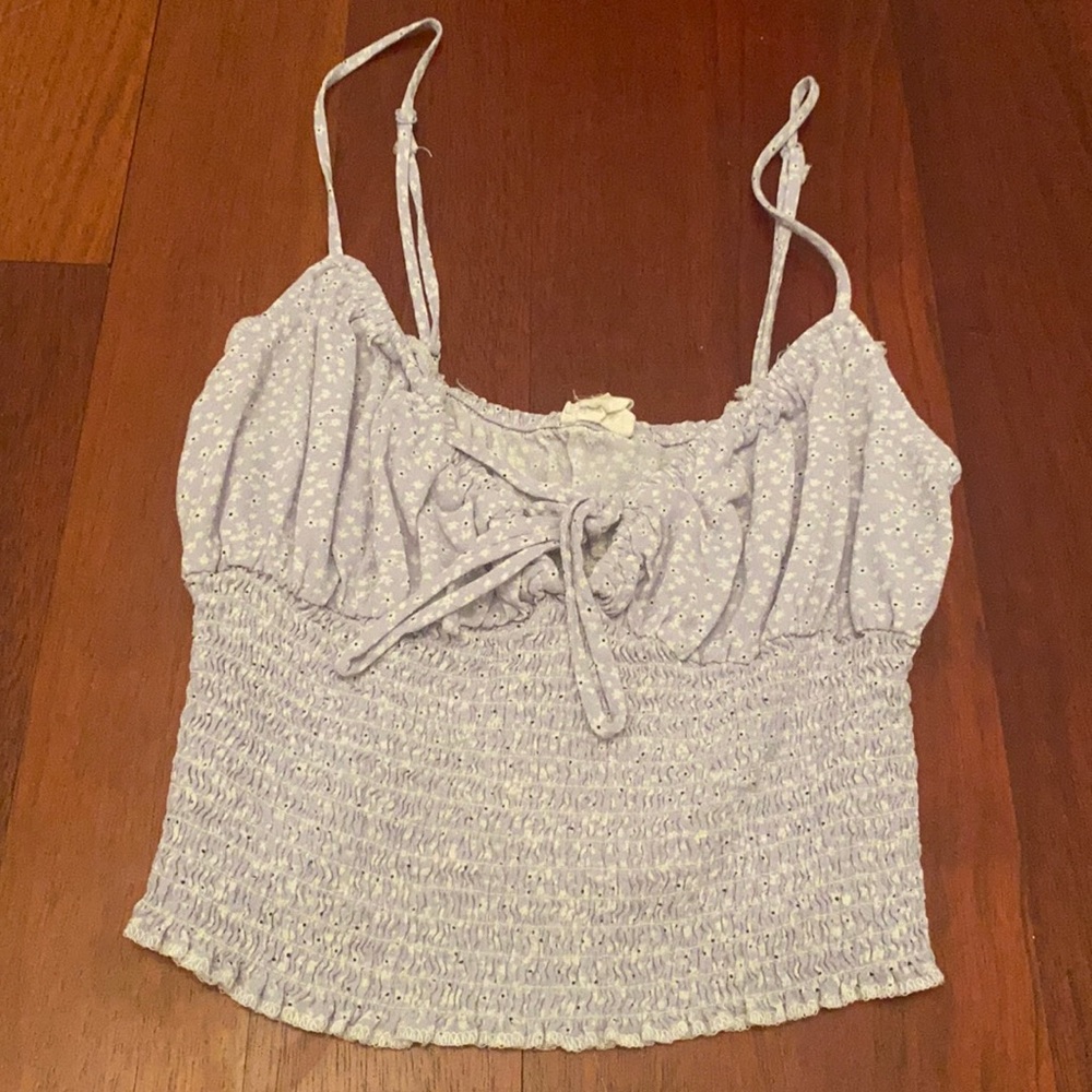 light blue floral scrunched cropped tank top
